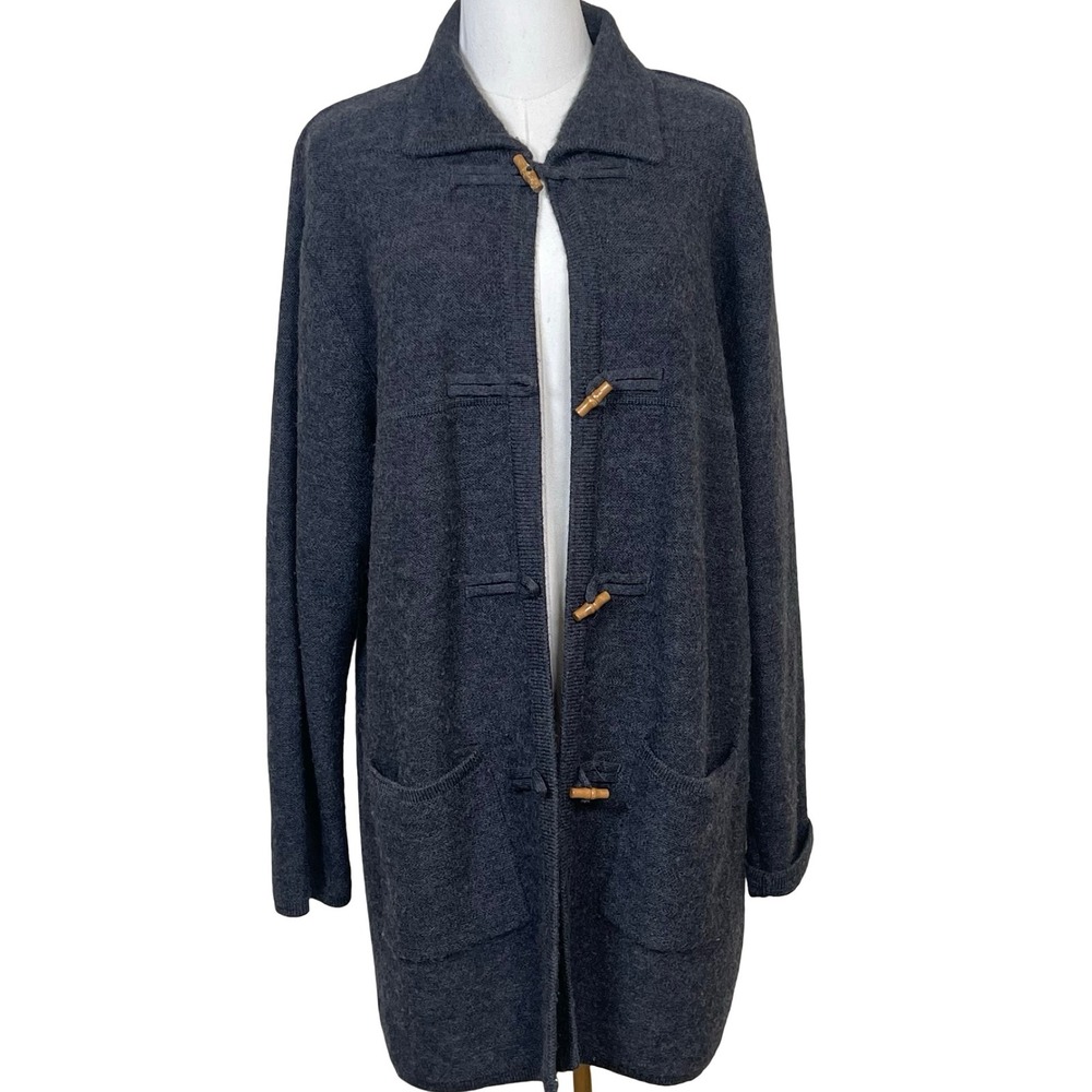 Vintage Karen Scott Toggle Duster Cardigan Sweater Women M Gray 100% Wool
